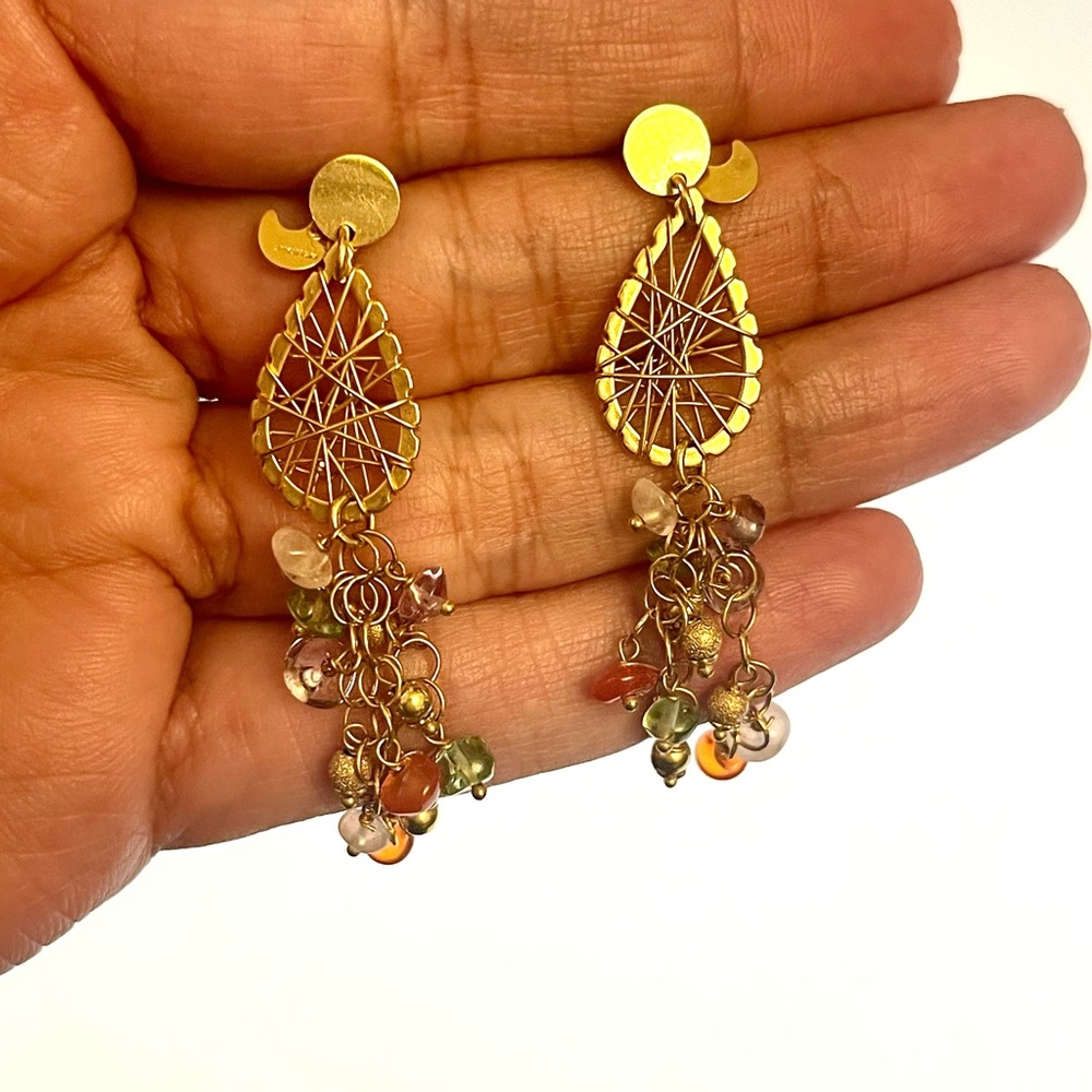 Real 14k Gold Handmade Moon Charm Multicolor 14kt Yellow Gold Stamped Earrings